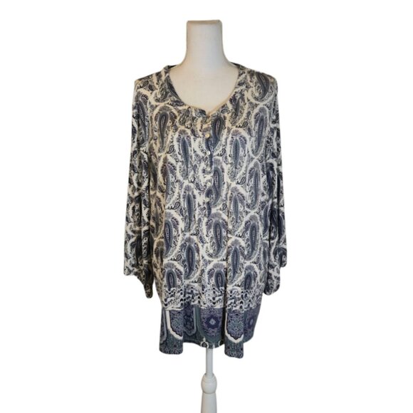 Rose + Olive Paisley Top Women Size 3X Blue Casual Office Career Preppy Bohemian - Picture 1 of 11